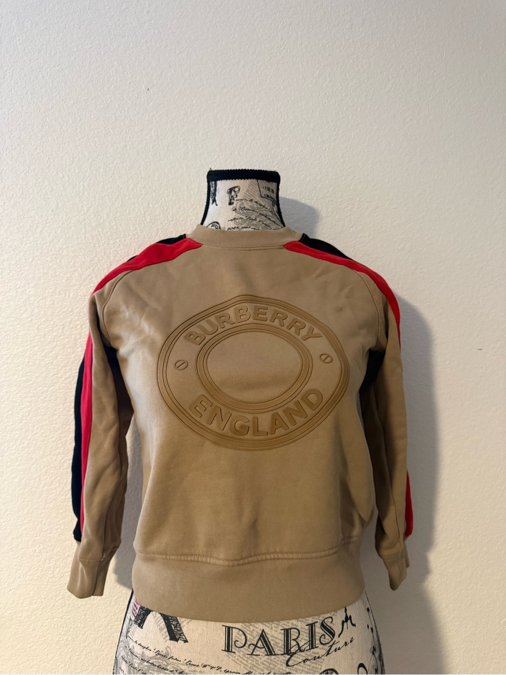 Burberry Tan Sweatshirt with Red & Black Sleeve Stripes